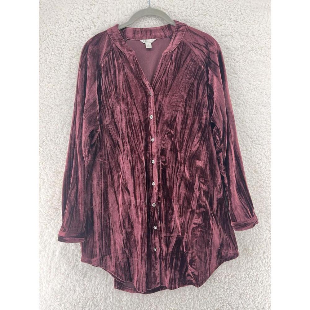 Cato Women's Size Large Button Down Velvet Shirt Long Sleeve Crushed Pocket